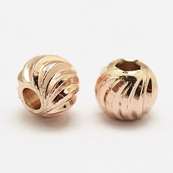Real Rose Gold Plated Brass Corrugated Beads, Round, Cadmium Free & Nickel Free & Lead Free, Real Rose Gold Plated, 4x3.2mm, Hole: 1.8mm