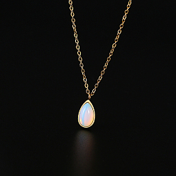 Golden Opalite Teardrop Pendant Necklace with Stainless Steel Chains, Golden, 17.72 inch(45cm)
