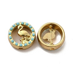 Golden Alloy Beads, with Synthetic Turquoise, Flat Round with Flamingo, Golden, 12x5mm, Hole: 1.6mm