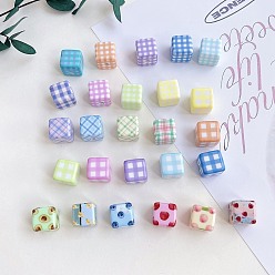Mixed Color Opaque Acrylic European Pendants, Large Hole Beads, Cube with Tartan & Fruits Pattern, Mixed Color, 14.2x18.6x18.6mm, Hole: 4mm