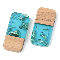 Dark Turquoise Transparent Resin & Walnut Wood Pendants, with Gold Foil, Rectangle, Dark Turquoise, 21.5x10x3mm, Hole: 2mm