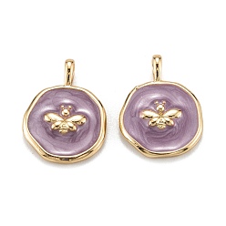 Real 18K Gold Plated Brass Enamel Pendants, Long-Lasting Plated, Flat Round with Bee, Lilac, Real 18K Gold Plated, 18.5x13.5x3mm, Hole: 4x2.5mm