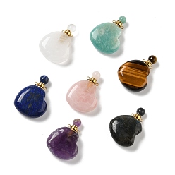 Piedra Mixta Colgantes de botella de perfume de piedra mixta natural, para aceite esencial, perfume, con fornituras y pipetas de latón dorado, corazón, 42x29~32x12~12.5 mm, agujero: 1.5~1.8 mm