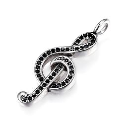Antique Silver 316 Surgical Stainless Steel Rhinestone Pendants, Musical Note, Antique Silver, 37x14x6mm, Hole: 3.5mm