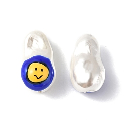 Bleu Perles en émail coquillage, ovale avec visage souriant, bleu, 21~21.5x12.5~13x12mm, Trou: 1~1.2mm