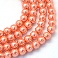 Corail Cuisson peint perles de verre nacrées brins de perles rondes, corail, 8~9mm, Trou: 1mm, Environ 105 pcs/chapelet, 31.4 pouce