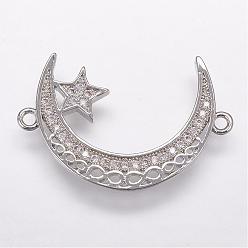 Platinum Brass Micro Pave Cubic Zirconia Links, Moon and Star, Platinum, 18x27x2mm, Hole: 1mm