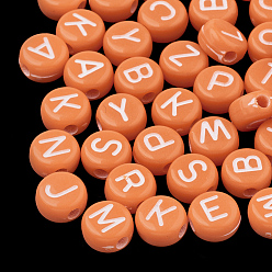 Dark Orange Opaque Acrylic Beads, Horizontal Hole, Mixed Letters, Flat Round with Letter, Random Letters, Dark Orange, 7x4mm, Hole: 1.5mm, about 3700pcs/500g