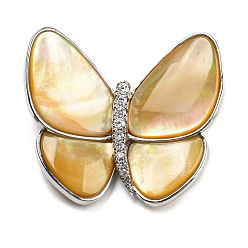 Platinum Yellow Shell Broochs, Butterfly with Heart Brass Rhinestone Pins for Women, Platinum, 32x36x9mm, hole: 5x3mm
