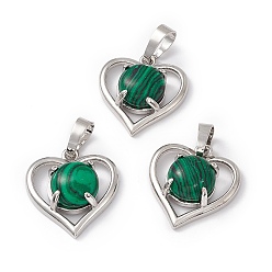 Malachite Synthetic Malachite Pendants, Heart Charms, with Platinum Tone Brass Findings, Cadmium Free & Nickel Free & Lead Free, 21.5x19.5x7.5~8mm, Hole: 7.5x5mm