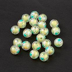 Jaune Placage uv perles d'émail acrylique irisé arc-en-ciel, rond avec empreinte de patte de chat, jaune, 15~16mm, Trou: 2.3mm