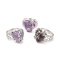 Amethyst Natural Amethyst Adjustable Rings, Platinum Tone Heart with Flower Brass Rings for Women, Cadmium Free & Lead Free, US Size 6 3/4(17.1mm), 4.5~9mm