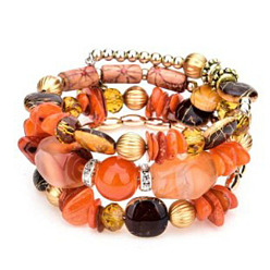 Orange Bracelet style wrap à trois boucles en perles d'alliage et de résine, bracelet style bohème pour femme, orange, 7-1/8 pouce (18 cm)