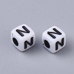 Letter N White Opaque Acrylic Beads, Horizontal Hole, Cube with Black Alphabet, Letter.N, 4~5x4~5x4~5mm, Hole: 1.8mm, about 6470~6500pcs/500g