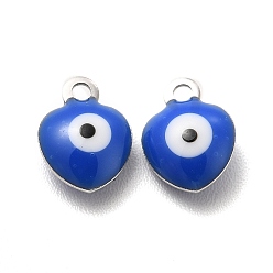 Blue 304 Stainless Steel Evil Eye Enamel Charms, Heart Charm, Stainless Steel Color, Blue, 8x6x3mm, Hole: 1mm