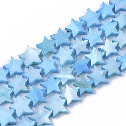 Bleu Ciel Foncé Chapelets de perles en coquille eau douce , teint, étoiles, bleu profond du ciel, 9~10.5x9.5~11.5x2~3mm, Trou: 1mm, Environ 38 pcs/chapelet, 11.8 pouces ~ 13.3 pouces