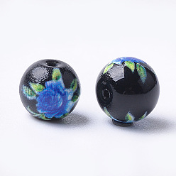Negro Perlas de vidrio impresas y en spray, redondo con estampado de flores, negro, 8~8.5x7.5 mm, agujero: 1.4 mm