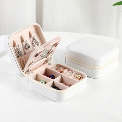 Ghost White Sqaure PU Leather Jewelry Box, with Mirror, Travel Portable Jewelry Case, Zipper Storage Boxes, for Necklaces, Rings, Earrings and Pendants, Ghost White, 10x10x5cm