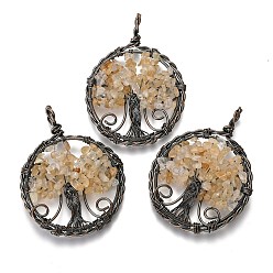 Citrine Natural Citrine Pendants, with Red Copper Plated Brass Findings, Flat Round with Tree of Life, 64~67.5x50~51x6~7.5mm, Hole: 8x5~6.5mm