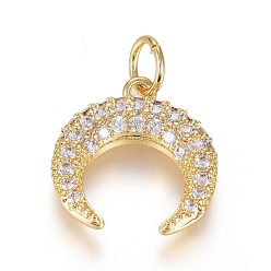 Real 18K Gold Plated Brass Micro Pave Cubic Zirconia Pendants, with Jump Ring, Long-Lasting Plated, Double Horn/Crescent, Clear, Real 18K Gold Plated, 15x13.5x2.5mm, Hole: 3.5mm