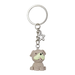 Dark Khaki Resin Dog Pendant Keychain, with Iron Rings and Alloy Star Charm, Dark Khaki, 8.3cm, Dog: 29x22x22mm