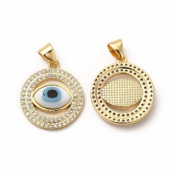 White Rack Plating Real 18K Gold Plated Brass Micro Pave Clear Cubic Zirconia Pendants, with Handmade Lampwork, Cadmium Free & Lead Free, Long-Lasting, Flat Round with Evil Eye, White, 20x17.5x3.5mm, Hole: 5.5x4mm