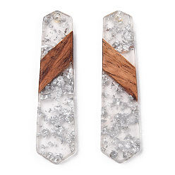Silver Transparent Resin & Walnut Wood Pendants, with Silver Foil, Polygon, Silver, 49.5x12.5x4mm, Hole: 2mm