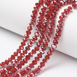 Красный Гальванизируйте прозрачное стекло бисер нитей, наполовину покрытый, граненые, рондель, красные, 4x3 мм, отверстие : 0.4 мм, около 123~127 шт / нитка, 16.5~16.9 дюйм (42~43 см)
