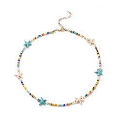 Golden Colorful Synthetic Turquoise Starfish & Shell Pearl & Glass Seed Beaded Necklace for Women, Golden, 17.32 inch(44cm)