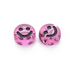 Pearl Pink Transparent Acrylic Beads, with Glitter Powder, Flat Round with Black Enamel Smile Face, Pearl Pink, 10x5mm, Hole: 2mm, about 1450pcs/500g