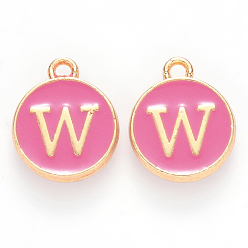 Letter W Golden Plated Alloy Enamel Charms, Cadmium Free & Lead Free, Enamelled Sequins, Flat Round with Letter, Camellia, Letter.W, 14x12x2mm, Hole: 1.5mm