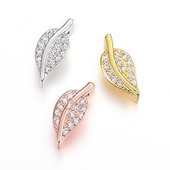 Mixed Color Brass Micro Pave Cubic Zirconia Slide Charms, Long-Lasting Plated, Cadmium Free & Nickel Free & Lead Free, Leaf, Clear, Mixed Color, 14x6x5mm, Hole: 2x10mm