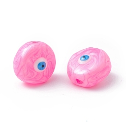 Perlas de Color Rosa Perlas de vidrio, con esmalte, redondo plano con patrón de mal de ojo, rosa perla, 14~14.5x9 mm, agujero: 1.2 mm