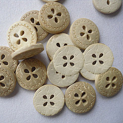 BurlyWood Carved Round 4-hole Basic Sewing Button, Coconut Button, BurlyWood, about 13mm in diameter, about 100pcs/bag
