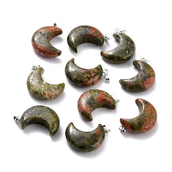 Unakite Natural Unakite Pendants, with Platinum Brass Loops, Moon, 29x18~21x7~10mm, Hole: 6x3mm