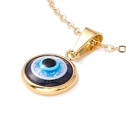 Blue Lampwork Flat Round with Evil Eye Pendant Necklace with 304 Stainless Steel Cable Chains for Women, Golden, Blue, 18.1 inch(46cm)