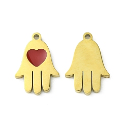 Golden Ion Plating(IP) 304 Stainless Steel Manual Polishing Charms, with Enamel, Hamsa Hand/Hand of Miriam with Heart, Golden, 14.5x10x1.5mm, Hole: 1.2mm