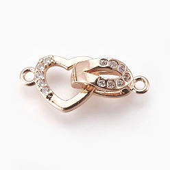 Real Rose Gold Plated Brass Micro Pave Cubic Zirconia Fold Over Clasps, Heart, Clear, Real Rose Gold Plated, 18mm, Hole: 1.2mm