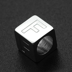 Letter F 201 Stainless Steel European Beads, Large Hole Beads, Horizontal Hole, Cube, Stainless Steel Color, Letter.F, 7x7x7mm, Hole: 5mm