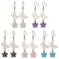Mixed Color Alloy Enamel Flower & Brass Butterfly Dangle Earrings, with 304 Stainless Steel Earring Pins, Mixed Color, 52x18.5mm