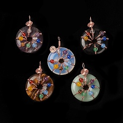 Mixed Stone Natural & Synthetic Gemstone Pendants, with Rose Gold Brass Findings, Donut/Pi Disc with Beaded Charms, 41~42x31x11.5~12.5mm, Hole: 5~5.5x3mm