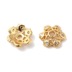 Chapado en Oro Real 18K Tapa de perlas de zirconia cúbica de micro pavé de latón, 6-pétalo de flor, real 18 k chapado en oro, 9.5x3 mm, agujero: 1.5 mm