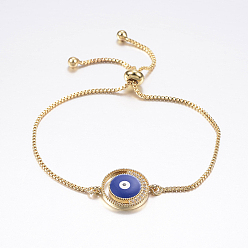 Doré  Bracelets réglables en laiton à micro-pavé de zircone cubique, bracelets bolo, avec l'émail, et chaînes en laiton, oeil, bleu, or, 10-1/4 pouces (260 mm)