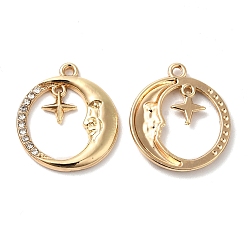 Golden Alloy Rhinestone Pendants, Cadmium Free & Nickel Free & Lead Free, Moon with Star Charms, Golden, 19x17x2mm, Hole: 1.4mm