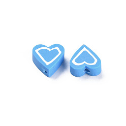 Deep Sky Blue Handmade Polymer Clay Beads, Heart, Deep Sky Blue, 8.5~9x8.5~10x4mm, Hole: 1.4~1.6mm