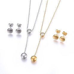 Mixed Color 304 Stainless Steel Jewelry Sets, Necklaces and Stud Earrings, with Rhinestone, Flat Round, Mixed Color, 17.32 inch(44cm), 8x4mm, Pin: 0.8mm