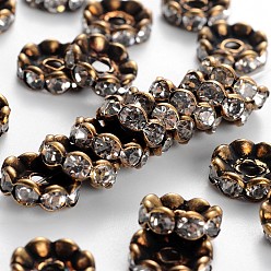 Antique Bronze Rack Plating Brass Beads, with A Rhinestone, Wave Side, Cadmium Free & Lead Free, Antique Bronze, 6x3mm, Hole: 1.5mm