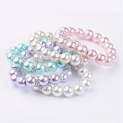 Mixed Color Glass Pearl Stretch Bracelets, with Brass Rhinestone Spacer Beads, Silver Color Plated, Mixed Color, 2-1/8 inch(53mm)