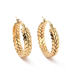 Real 24K Gold Plated Ion Plating(IP) 304 Stainless Steel Hoop Earrings, Hypoallergenic Earrings, Textured, Ring with Olive Branch Pettern, Real 24K Gold Plated, 32x30x7mm, Pin: 18x0.8~1mm