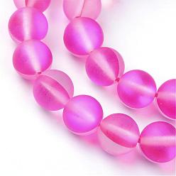 Rose Foncé Brins synthétiques de perles de lune, perles holographiques, teint, givré, ronde, rose foncé, 8mm, Trou: 1mm, Environ 45~47 pcs/chapelet, 14~15 pouce